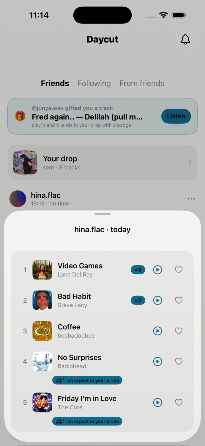 A full cut: play counts and first-listen badges